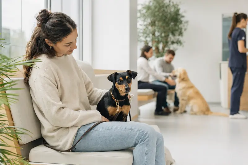 Ein Harlekinpinscher sitzt ruhig neben seinem Besitzer im hellen Wartezimmer einer Tierarztpraxis.
